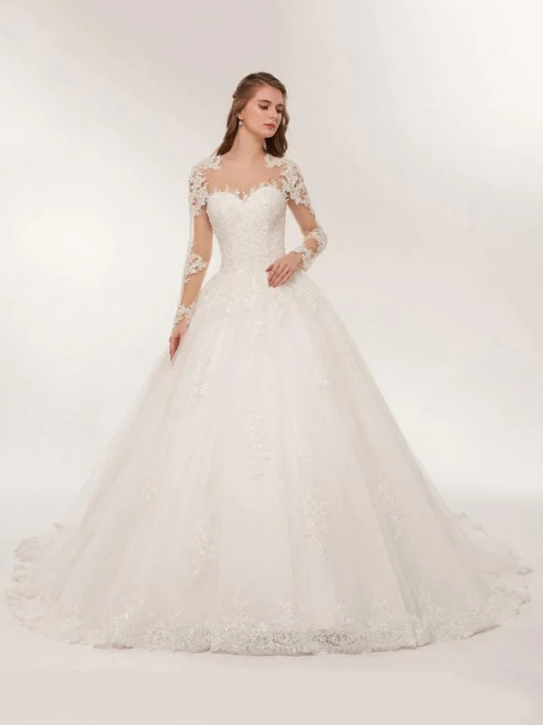 Elegant Long Sleeves Lace Appliques Wedding Dresses Elegant A-line Gown