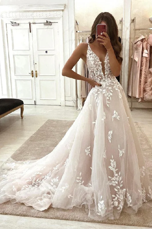 Fairy A Line V Neck Tulle Wedding Dresses with Appliques Beaded Lace Wedding