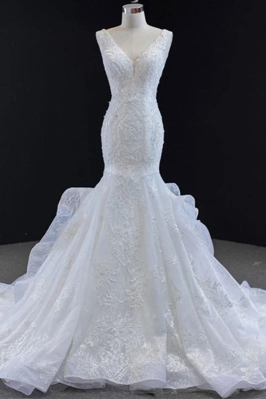 Graceful Lace-up Appliqes Mermaid Wedding Dress Luxury Lace Gown