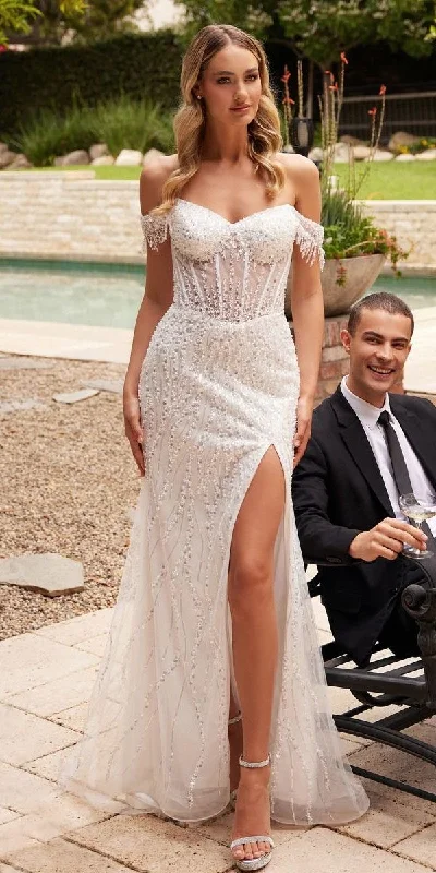 Ladivine CD0203W Long Off the Shoulder Sequin Wedding Gown with Slit Short Wedding Gown