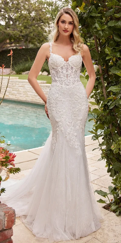 Ladivine CDS432W Mermaid Light Tulle Overlay Over Chantilly Lace Wedding Gown Classic Satin Gown