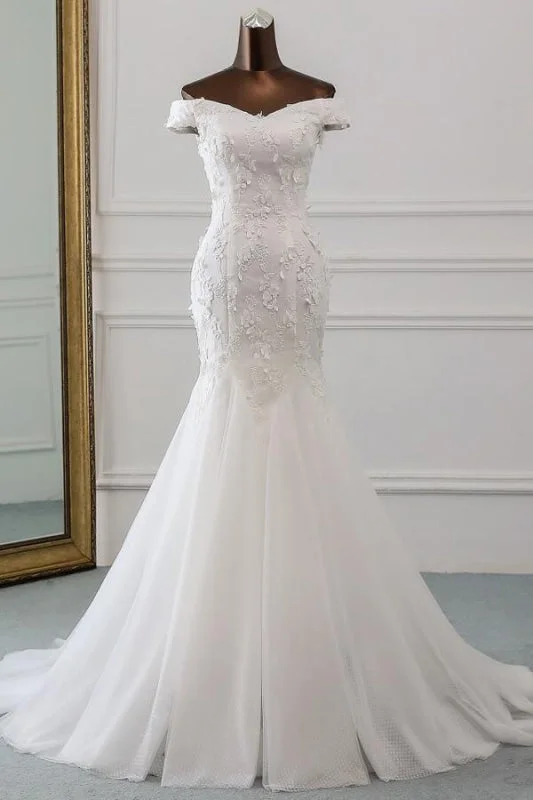 Off Shoulder Lace-up Applique Mermaid Wedding Dress Soft Lace Gown