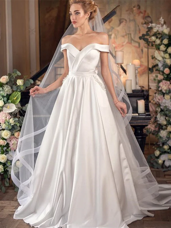 Off the Shoulder Ivory Satin Wedding Dresses, Simple Elegant Wedding Dresses with Pockets, 2021 Wedding Dresses, A-line Wedding Dresses Simple Satin Gown