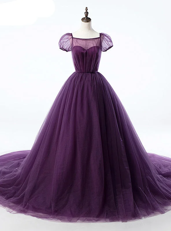 Purple Ball Gown Tulle Short Sleeve Backless Train Wedding Dress Floral Bridal Gown