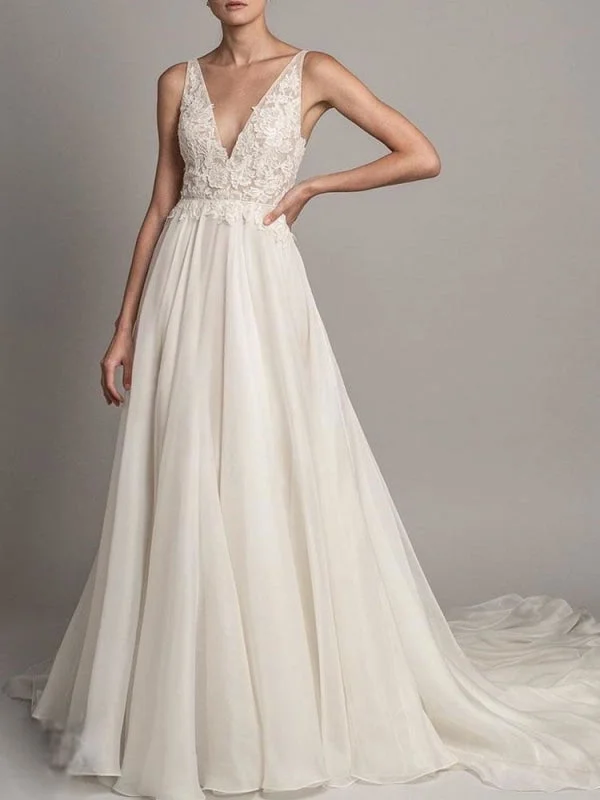 Simple Wedding Dress 2021 A Line V Neck Sleeveless Beaded Bridal Dresses With Train Lace Boho Dress