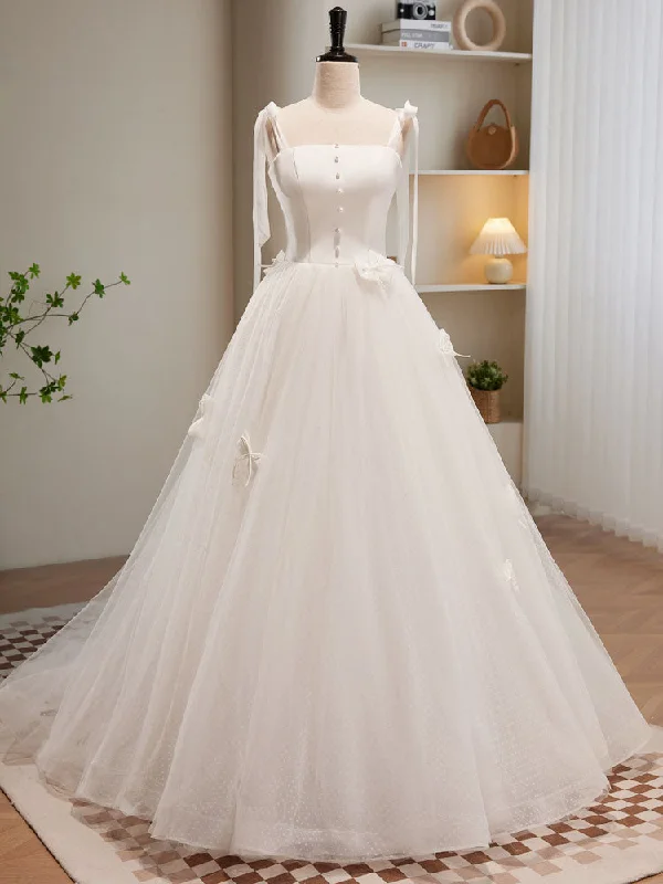 Sweet Sweep Train Long Wedding Dress Trimmed with Buttons Center Sheer Wedding Dress