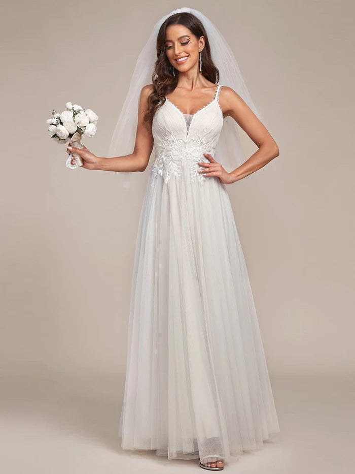 Tulle Floral Spaghetti Strap Illusion V-Neck A-Line Wedding Dress Wedding Dress Set