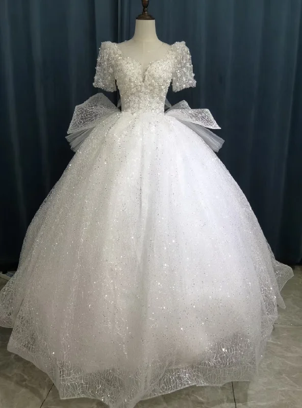 White Tulle Sequins Short Sleeve Beading Wedding Dress Romantic Wedding Dress