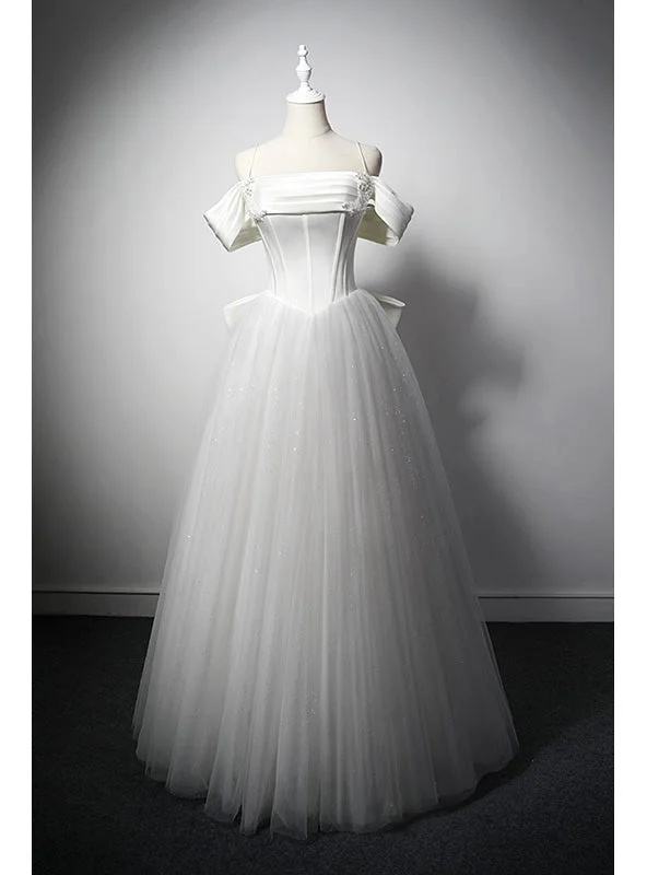 White Tulle Sequins Spaghetti Straps Beading Wedding Drss Ruffle Wedding Gown