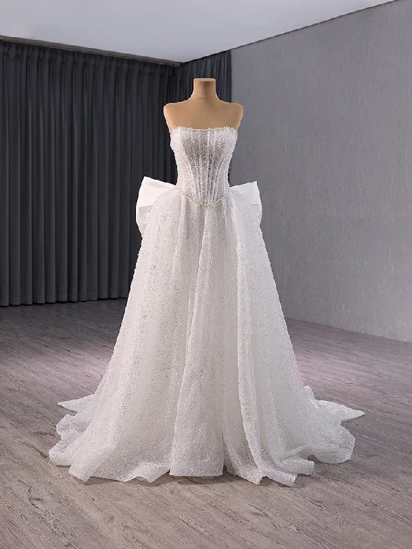 White Tulle Sequins Strapless Bow Wedding Dress Elegant Lace Gown