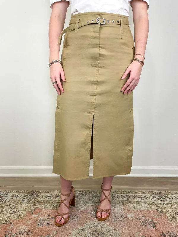 Belted Utility Skirt w/Side Button Placket in Khaki Chic unclassified skirts