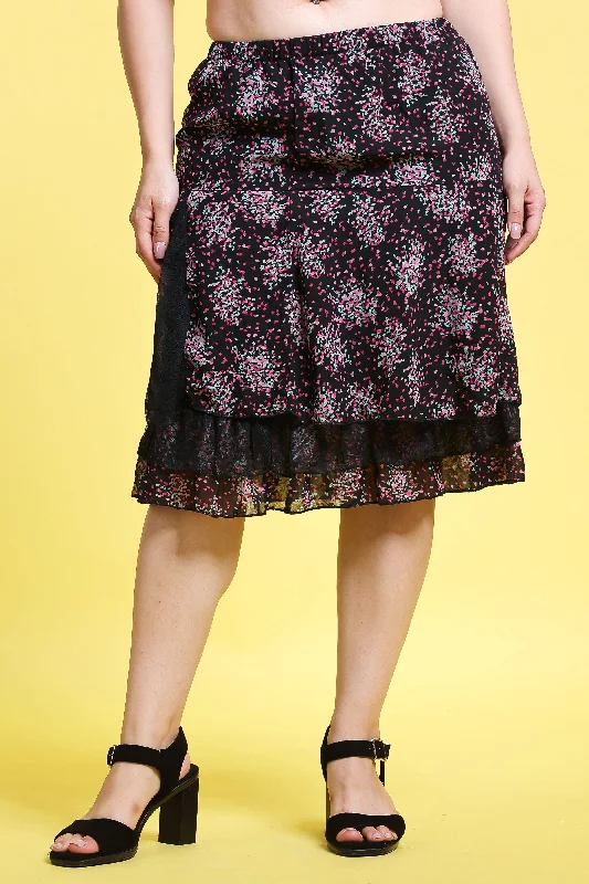 Black Small Floral Printed Layered Skirt Leather unclassified skirts