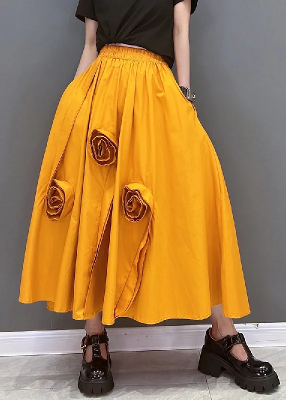 Chic Solid Orange Elastic Waist Pockets Floral Cotton A Line Skirt Summer Office unclassified skirts