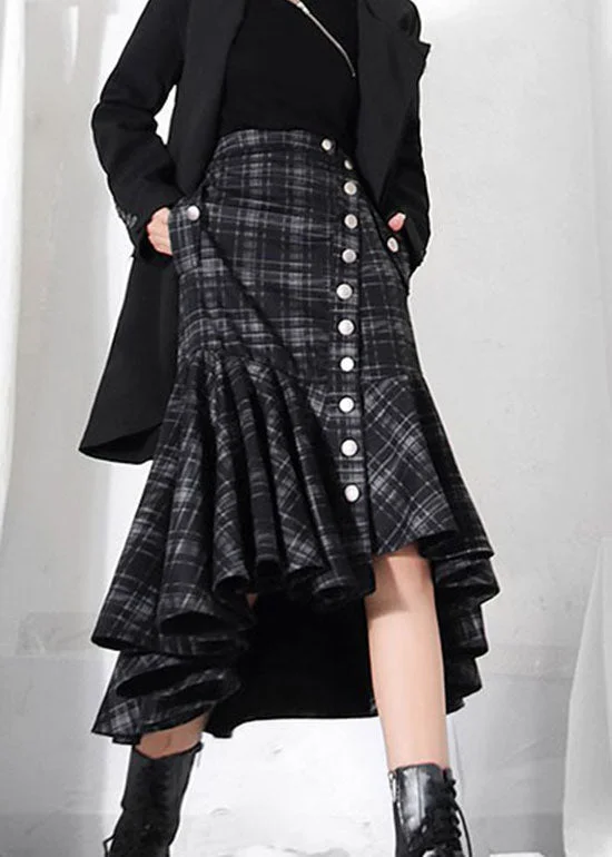 Fashion dark Grey button Ruffles Plaid Skirt Spring Knitted unclassified skirts