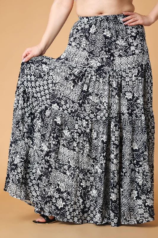 Navy Blue & White Multi Abstract Printed Skirt Flowy unclassified skirts