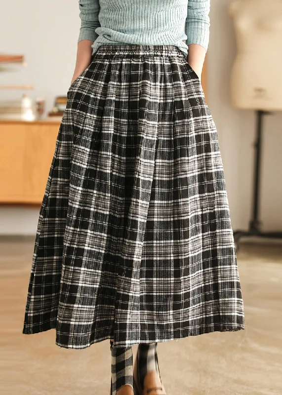 Simple Chocolate Pockets Plaid Cotton Skirts Spring Holiday unclassified skirts