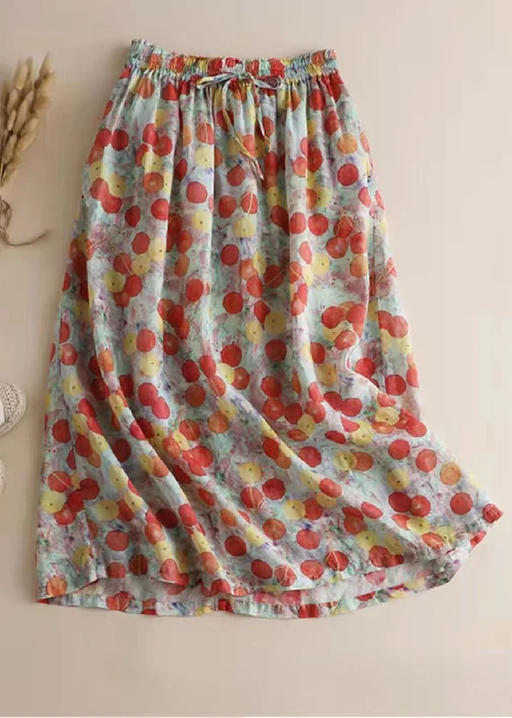 Vintage Red drawstring elastic waist print Chiffon Skirt Spring Denim unclassified skirts