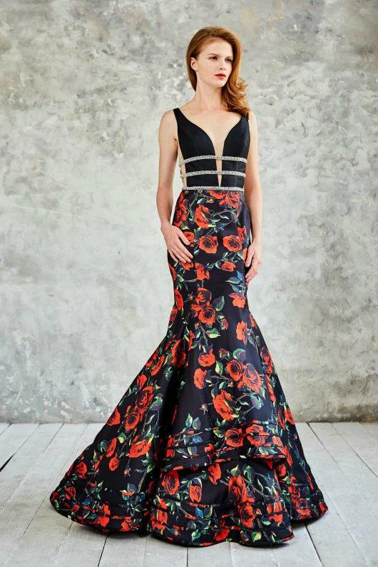 Angela & Alison Floral Print V-Neck Cutout Illusion Long Evening Gown 771030 Designer party dresses