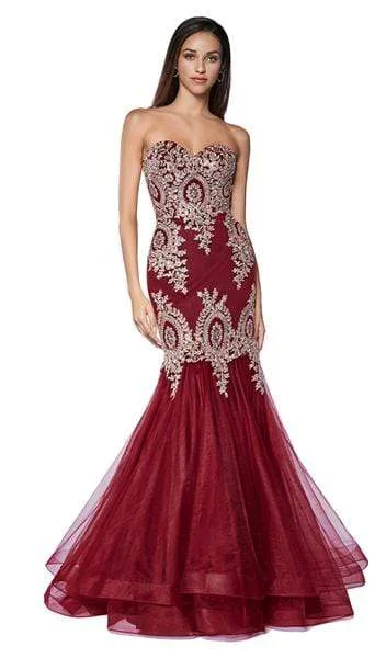 Cinderella Divine - Lace Appliqued Mermaid Gown 9179 - 1 pc Burgundy-Gold In Size S Available Glamorous party dresses