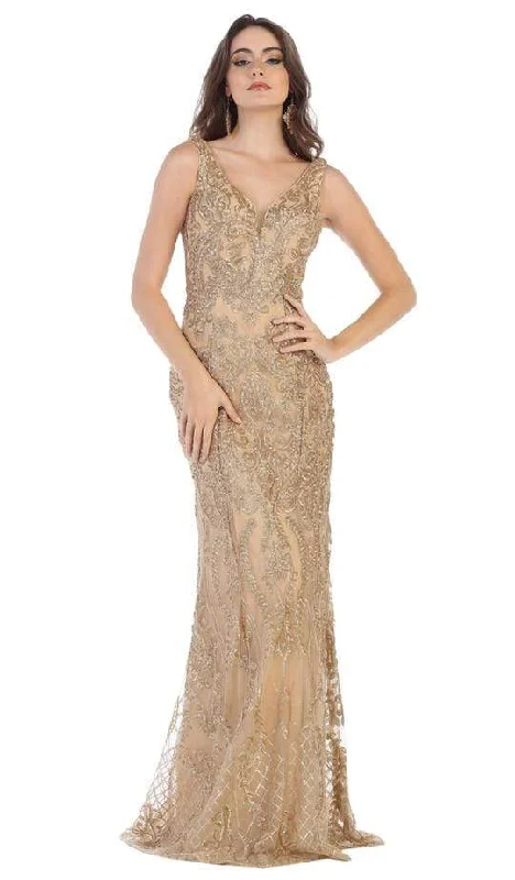 May Queen - Applique V-neck Trumpet Evening Gown RQ7662 - 1 pc Gold In Size 8 Available Christmas party dresses