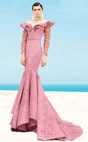 MNM COUTURE - Ruffle Off-Shoulder Laser Cut Mermaid Gown 2345 Tiered party dresses