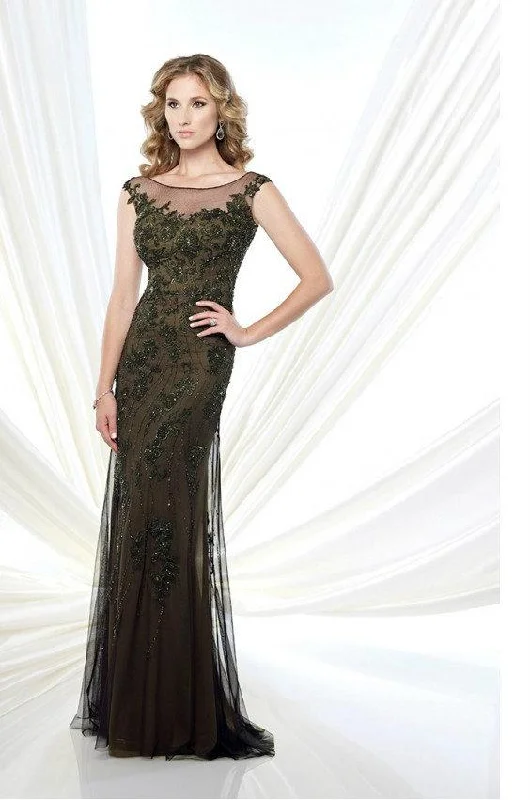 Mon Cheri Lace Appliqued Illusion Bateau Evening Dress 215913 Chic party dresses