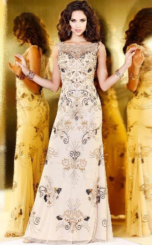 Shail K Illusion Bateau Ornate Sheath Gown in Nude Knitted party dresses