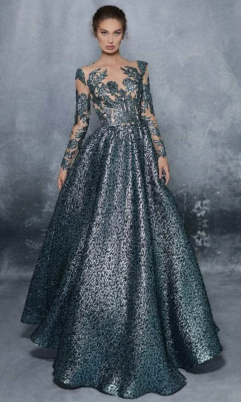 Tarik Ediz - Illusion Jewel Jacquard Ballgown 96011 - 1 pc Nil Green in Size 8 Available Cute floral print party dresses