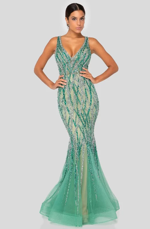 Terani Couture - 1912GL9573 Embellished V Neck Sleeveless Mermaid Gown Wrap party dresses