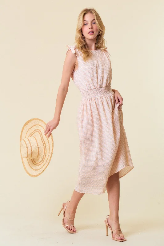 Beige Gingham Plaid Ruched Shoulder Midi Dress Versatile midi dresses for all occasions