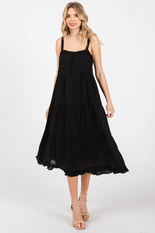 Black Sleeveless Button Tiered Midi Dress Best midi dresses for plus size