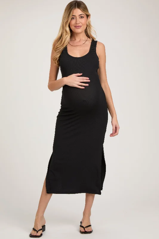 Black Sleeveless Double Slit Maternity Midi Dress Formal midi dresses