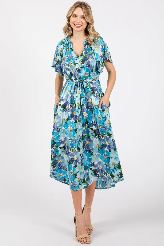 Blue Floral V-Neck Short Puff Sleeve Tie Waist Satin Midi Dress Expensive midi dresses