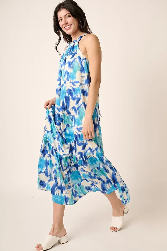 Blue Watercolor Print Satin Midi Dress Y2K midi dresses