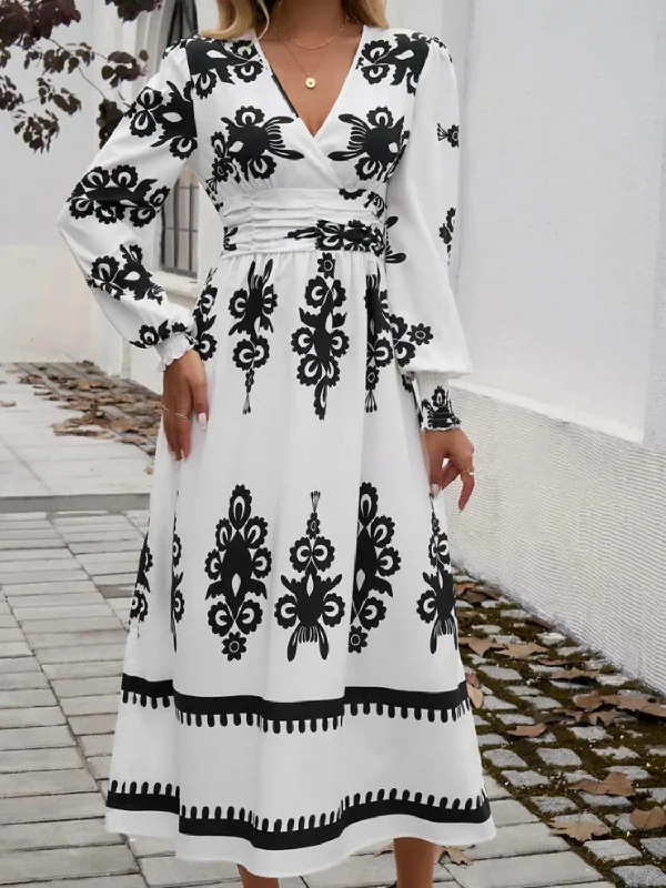 Devine Printed Surplice Lantern Sleeve Midi Dress Smocked midi dresses