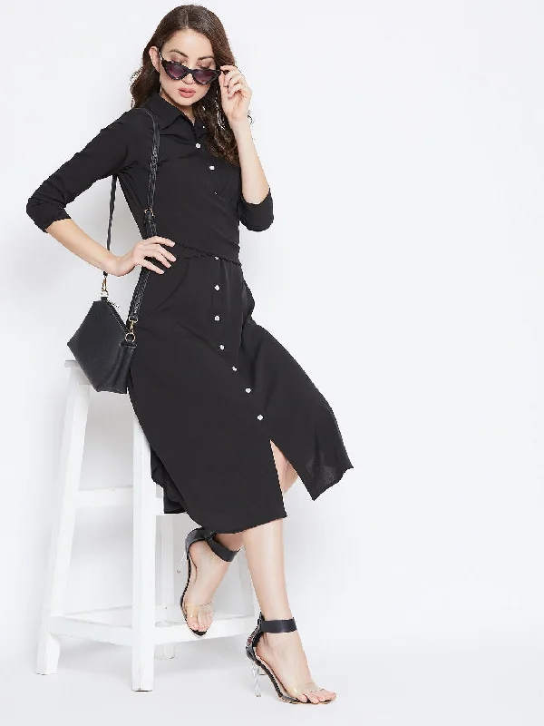 Berrylush Women Solid Black Collared Neck Button-Up Curved Midi Shirt Dress Best midi dresses for petites