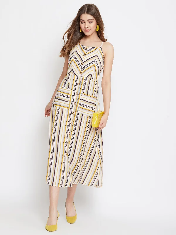 Berrylush Women Multicoloured Stripe Patterned Button-Up Flared A-Line Midi Dress Prom midi dresses