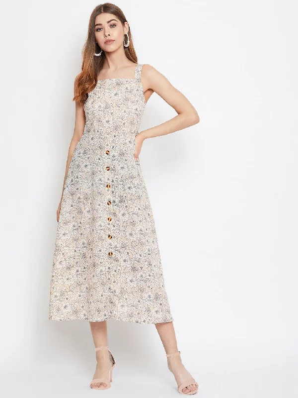 Berrylush Women Beige & Off-White Floral Printed Square Neck Open-Back A-Line Midi Dress Spring midi dresses