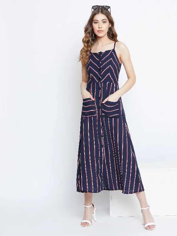 Berrylush Women Navy Blue & Red Striped Pattern Square Neck Fit & Flare Midi Dress Fall midi dresses