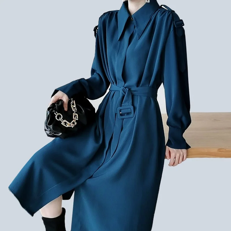 English Style Long Sleeve Belted Midi Dress Discounted midi dresses