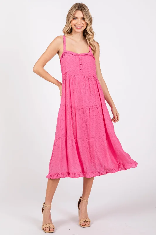 Fuchsia Sleeveless Button Tiered Midi Dress Cheap midi dresses