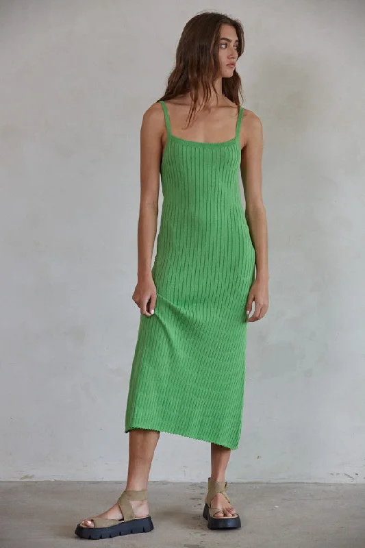 Green Square Neck Ribbed Sleeveless Midi Dress Flattering midi dresses for all body types