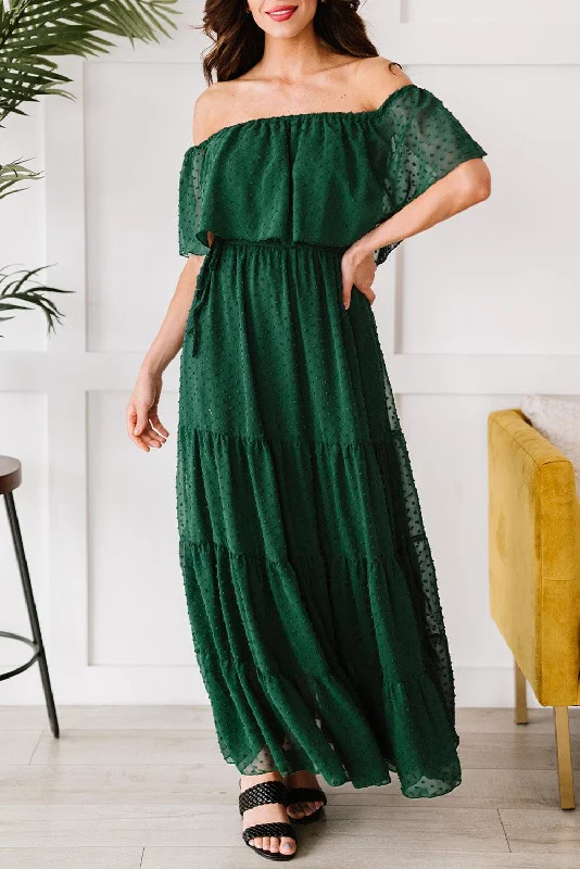 Verde Sunshine Off-Shoulder Swiss Dot Maxi Dress Designer maxi dresses