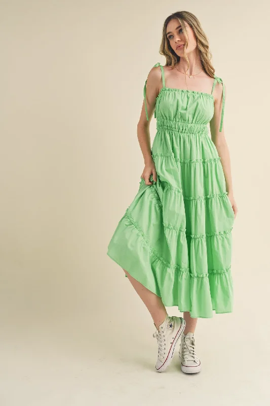 Lime Tiered Tie Strap Midi Dress Minimalist midi dresses