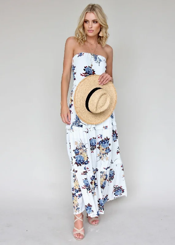 Lucina Strapless Maxi Dress - Blue Petal Stretchy maxi dresses