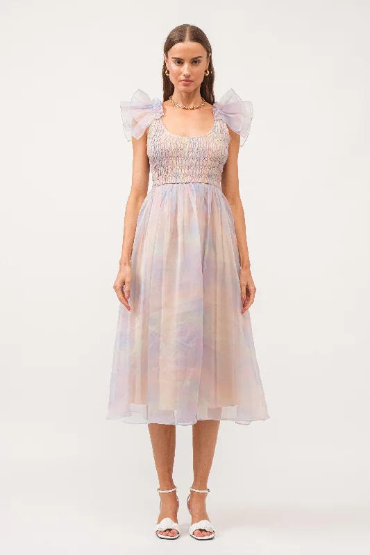 Multicolor Pastel Smocked Flutter Midi Dress Zara midi dresses