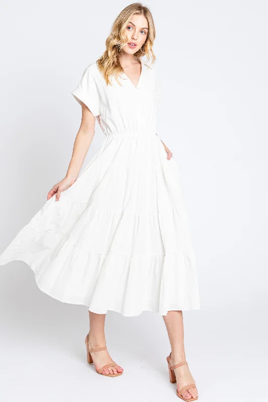 Off White Collar V Neck Cuffed Sleeve Tiered Midi Dress Halter midi dresses