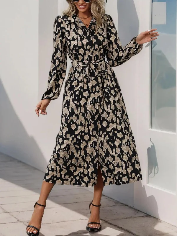 Perfee Printed Long Sleeve Midi Dress Party midi dresses