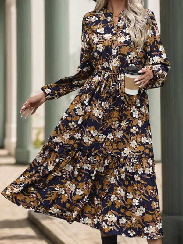 Perfee Printed Notched Long Sleeve Midi Dress Summer midi dresses