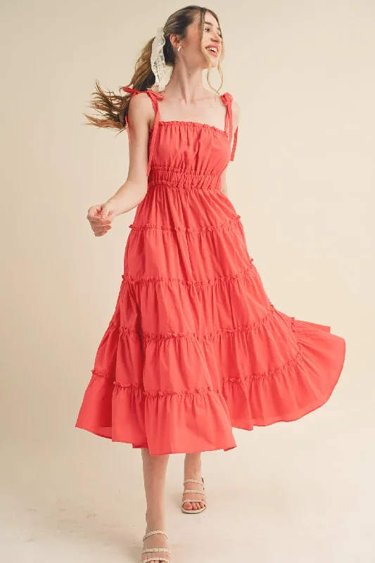 Red Tiered Tie Strap Midi Dress PrettyLittleThing midi dresses